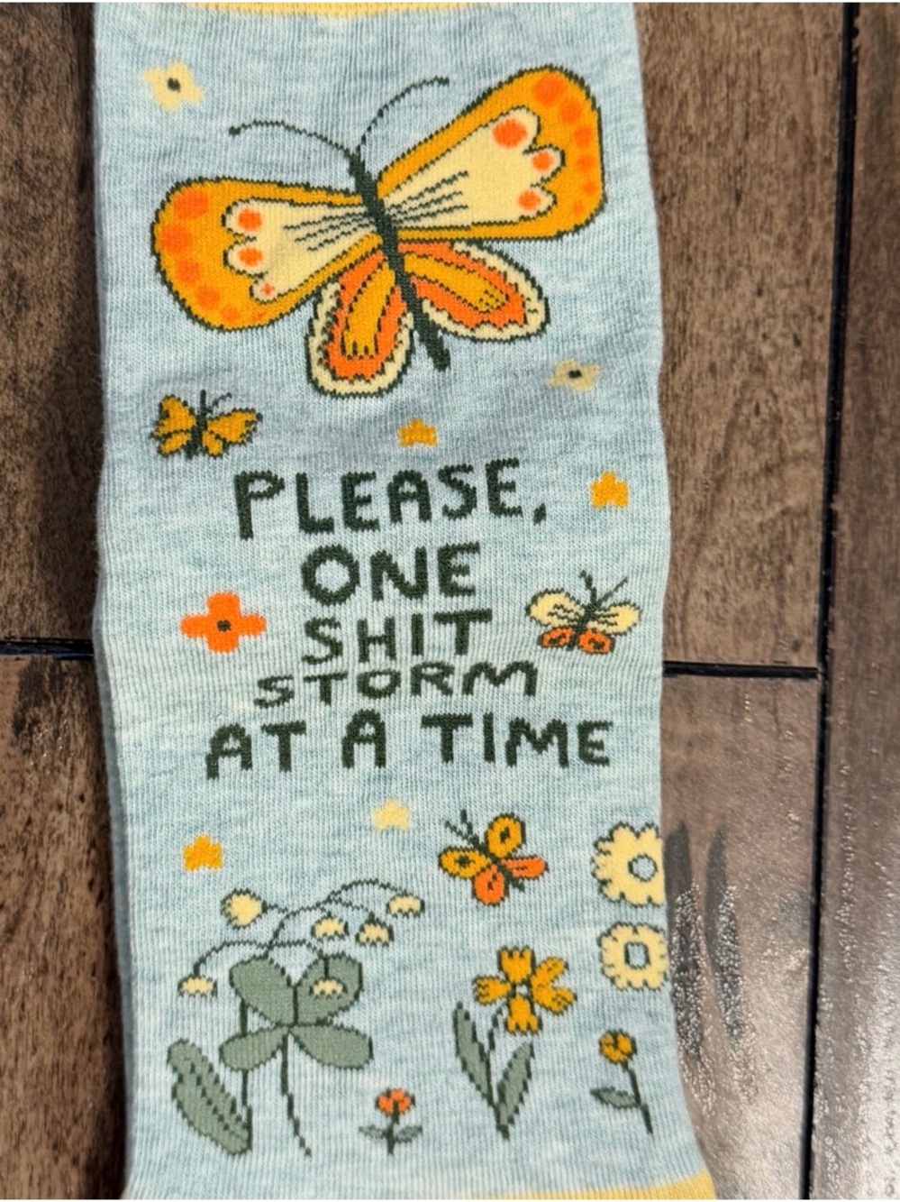Blue Q Light Blue and Yellow Butterfly Socks with Slogan - Picture 3 of 4